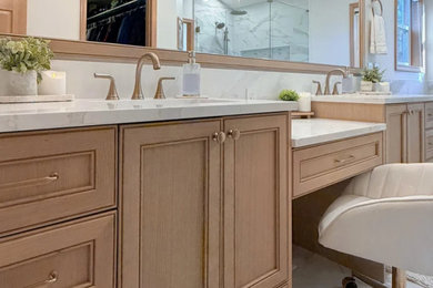 Freestanding bathtub - contemporary master double-sink freestanding bathtub idea in Seattle with shaker cabinets, light wood cabinets, quartz countertops, white countertops and a built-in vanity