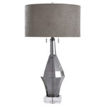 Harp and Finial - Marion Table Lamp Smoke Finish on Glass Body with Crystal Base Gray Shade - The Marion table lamp is a hyper contemporary delight with a transitional flavor made from smoke finish glass with a crystal base. A conceptual design with a tall profile and elegant execution, this lamp features a gray fabric hardback shade with a dual pull. Add this lamp to sofa sides, foyers, and console tables for a refined take on modern design.