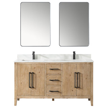 Laurel Bathroom Vanity with Calacatta White Quartz Stone Countertop, Weathered Fir, 60", With Mirror