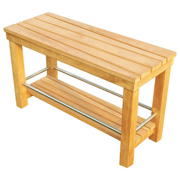 30" Outdoor Teak Patio Framantle Shower Bench With Bottom Shelf, Extra Large
