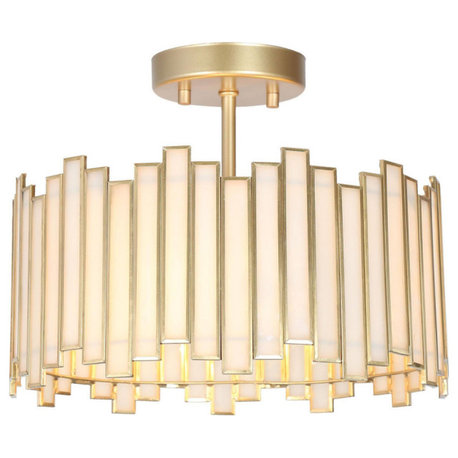 LNC 3-Light Tiffany Glass LED Semi-Flush Mount Light, Matte Gold