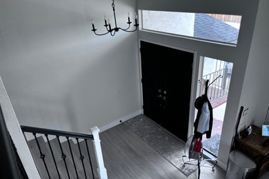 Foto de vestíbulo abovedado moderno grande con paredes blancas, suelo vinílico, puerta doble, puerta negra y suelo gris