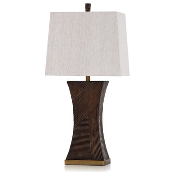 Asher - Linear Embossed Resin Table Lamp - Espresso Brown, Antique Brass