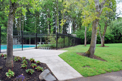 Black iron fence around a swimming pool
