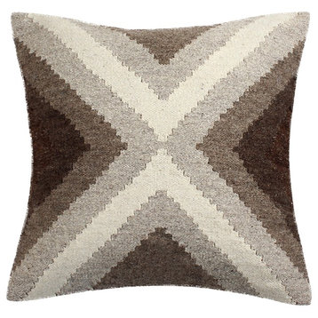 Hand Loomed Wool Boho Farmhouse Decorative Throw Pillow Cover - Brown, 20"x20"