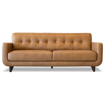 Catania Mid-Century Modern Tight Back Leather Sofa in Tan Finish