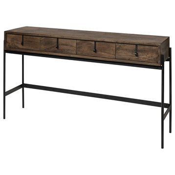 HomeRoots Rectangular Mango Wood Finish Console Table With 4 Drawers