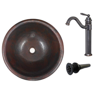 15" Rustic Round Copper Drop-In Bathroom Sink with Faucet & Drain