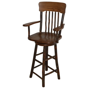 Hickory Panel Back Swivel Bar Chair with Arms, Walnut