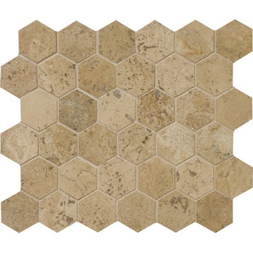 10 3/8"x12" Walnut Dark Honed & Filled Hexagon Rustic Mosaic
