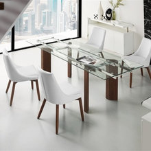 Modern Contemporary Walnut Tempered Glass  Extendable Dining