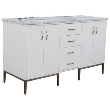 61" Double Sink Vanity, White Finish With White Carrara Marble And Oval Sink