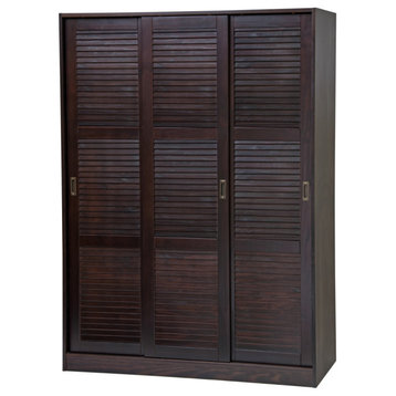100% Solid Wood 3-Sliding Door Wardrobe/Armoire/Closet, Java-Louvered