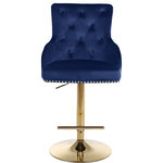 Meridian Furniture - Claude Velvet Upholstered Adjustable Stool, Navy, Gold Base - They'll want to stay "till closing time" when you seat them in this Claude velvet adjustable bar or counter stool. This chair is capable of being adjusted to bar or counter height, making it a versatile addition to your home or home bar. The plush navy velvet material is elegant and sophisticated, and the gold nailhead trim adds to its regal look. The gold base is uber contemporary, and the addition of a foot rail is a nice touch.