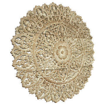 Large Round Thai Carving Floral Wood Carved Wall Panel. , White Wash, 36"x36"