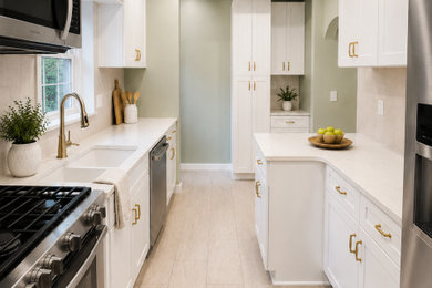 Eat-in kitchen - mid-sized craftsman galley vinyl floor and beige floor eat-in kitchen idea in Other with an undermount sink, shaker cabinets, white cabinets, quartz countertops, beige backsplash, ceramic backsplash, stainless steel appliances, an island and white countertops