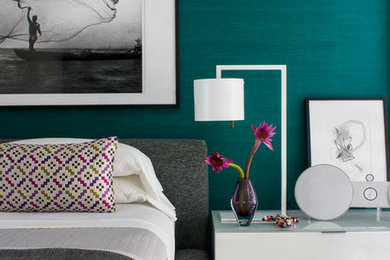 Design ideas for a mid-sized contemporary bedroom in Miami with green walls and no fireplace.