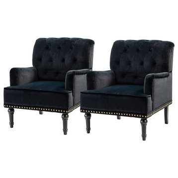 Upholstered Tufted Comfy Accent Armchair With Nailhead Trim Set of 2, Black