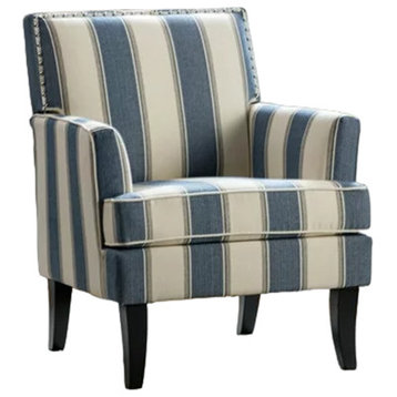 Classic Accent Chair, Padded Seat With Low Arms & Nailhead, White/Blue Striped