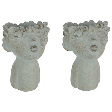 Set of 2 Pucker Up Junior Kissing Face Weathered Finish Concrete Head Planter