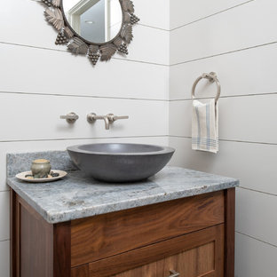 75 Beautiful Farmhouse Powder Room With Brown Cabinets