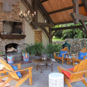 Heavy Timber Frame Pool Pavilion with a Fireplace