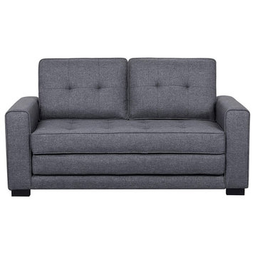 Contemporary Sleeper Sofa, Linen Seat With Elegant Square Tufting, Dark Grey
