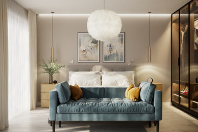 Mittelgroßes Modernes Hauptschlafzimmer mit beiger Wandfarbe, Laminat und beigem Boden in München