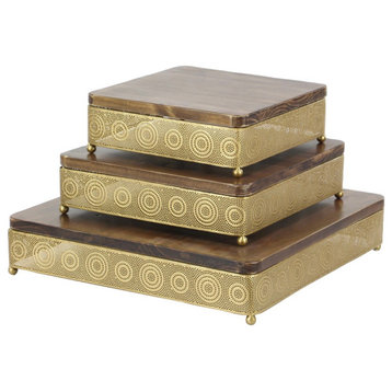 Modern Fir Wood and Iron Pierced Design Square Trays, 3-Piece Set, Gold