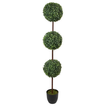 4' Artificial Two-Tone Boxwood Triple Ball Topiary Tree With Round Pot Unlit