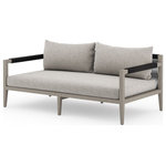 Four Hands - Sherwood Outdoor Sofa, Weathered Grey,Stone Grey / 63" - Modern materials ready a stylish silhouette for the outdoors. Weathered grey teak forms a linear frame for UV-resistant and water-repellent Sunproof fabric in a stone grey, light sand, and inviting charcoal. Rope-wrapped armrests and rear cotton weaving add a textured finishing touch. Cover or store indoors during inclement weather.