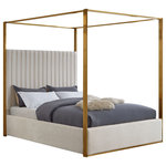 Meridian Furniture - Jones Upholstered Bed, Cream, King, Velvet - Dream big in the Jones cream velvet canopy bed. This handsome Meridian Furniture bed has a channel tufted headboard, giving the bed a regal and sophisticated look. The headboard is tufted for added elegance, and the bed comes with a brushed brass metal canopy, adding to its overall elegance and grandeur. Cream velvet fabric used on the sides and headboard gives it a luxe vibe, and the headboard is heavily padded, making it an ideal backrest for reading or watching TV.