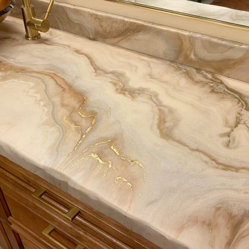 Yellow Onyx Epoxy Countertops with Hammered Copper Tub Surround