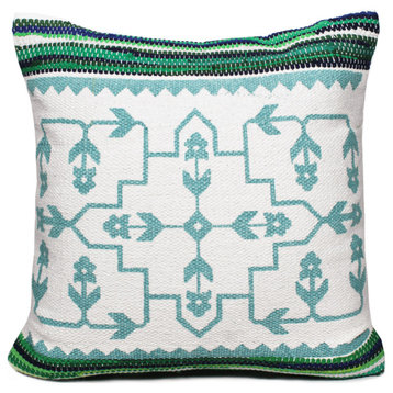20" X 20" Green White And Blue 100% Cotton Geometric Zippered Pillow