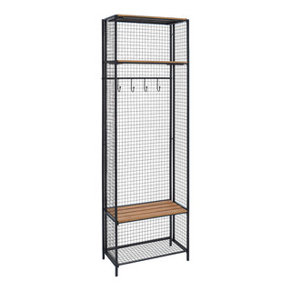 Benzara Industrial Grid Metal and Wood Coat Rack with 4 Hooks, Black ...