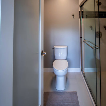 Primary Bathroom with Blue-Gray Vanity and Deep Blue Tiled Feature Wall