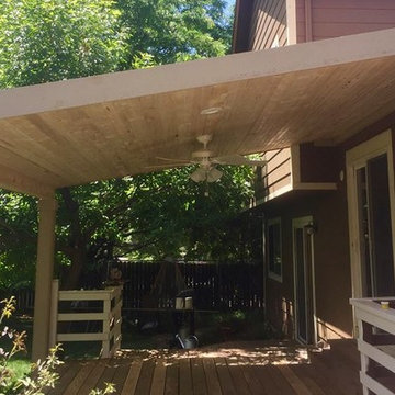 Shed roof, tongue and groove pine, with can lights and fanp