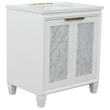 31" Single Sink Vanity, White Finish With White Quartz With Rectangle Sink