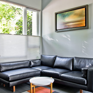 Modelo de salón moderno con paredes grises