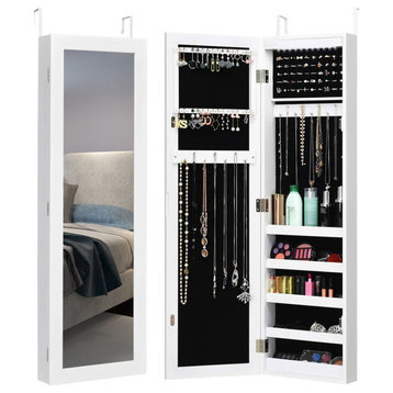 Costway Wall & Door Mounted Mirrored Jewelry Cabinet Storage w/LED Light White