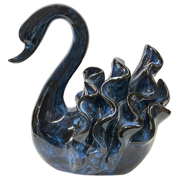 Ceramic Clay Navy Blue Wave Ribbon Feather Swan Art Figure Hws3098