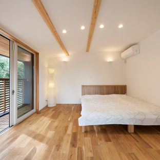 Nordisches Schlafzimmer mit weißer Wandfarbe, Kaminofen und braunem Boden in Sonstige