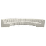 Meridian Furniture - Infinity Channel Tufted Velvet Modular Chair, Cream, 7 Piece - Create a seating group that works for every possible situation with this Infinity modular 7-piece sectional and other pieces in the Infinity collection. Upholstered in soft cream velvet material that feels great against the skin and offers long-wearing beauty, this piece fits with other Infinity items for an infinite number of combinations that get your seating requirements just right but that look just as nice when used on their own.