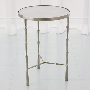 Silver Nickel White Marble Accent Table  Minimalist Spike Round Tripod Elegant
