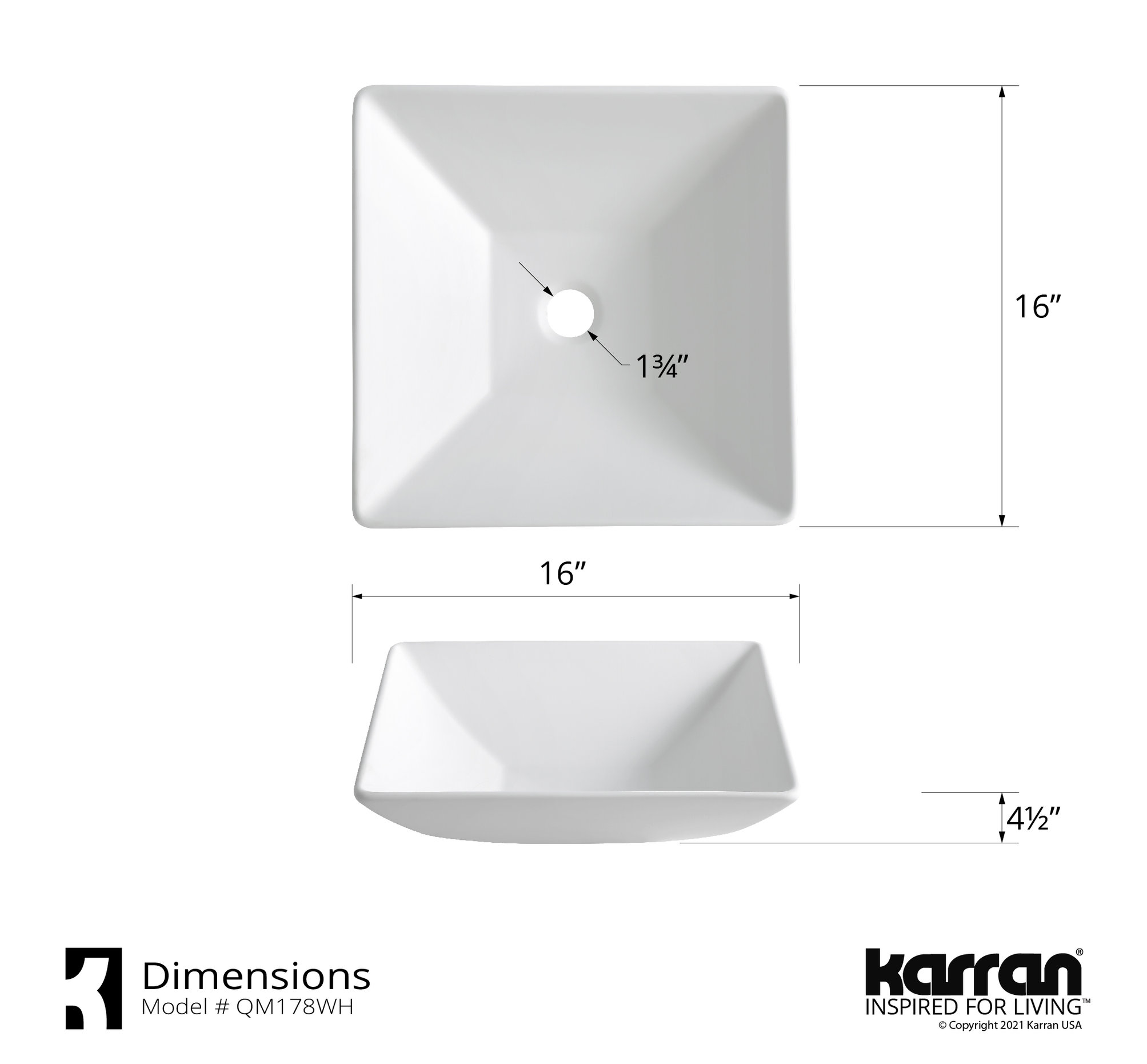 Karran White Acrylic 16" Square Vessel Sink With Faucet Kit, Stainless Steel
