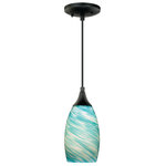 Vaxcel - Milano 4.75" Mini Pendant Celeste Wave Glass Oil Rubbed Bronze - The Milano collection of mini pendant lights feature softly radiused hand-blown glass that gracefully blends into almost any decor. Because each glass is handcrafted utilizing century-old techniques, no two pieces are identical. The celeste wave colored glass has swirls of turquoise and blue and is housed in an oil rubbed bronze finish for a contemporary and artistic look. Install this mini pendant individually or in a group; ideal for kitchens, dining areas, or bar areas.