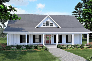 Mid-sized elegant white one-story wood and board and batten exterior home photo with a shingle roof and a gray roof