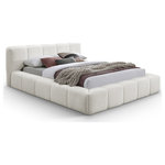 Meridian Furniture - Carlin Upholstered Bed, Cream, King, Chenille Fabric - Upgrade your bedroom with the Carlin cream chenille king bed, showcasing a unique yet elegant frame with channel tufting. This bed effortlessly combines contemporary style with practical design. Its smooth, velvety texture and refined details create a striking centerpiece, embodying both exquisite taste and timeless beauty.