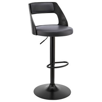 Itzan Adjustable Swivel Faux Leather and Wood Bar Stool With Metal Base, Gray and Black