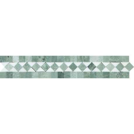 Thassos Marble Bias Border With Ming Green Dots, 2 X 12 Honed